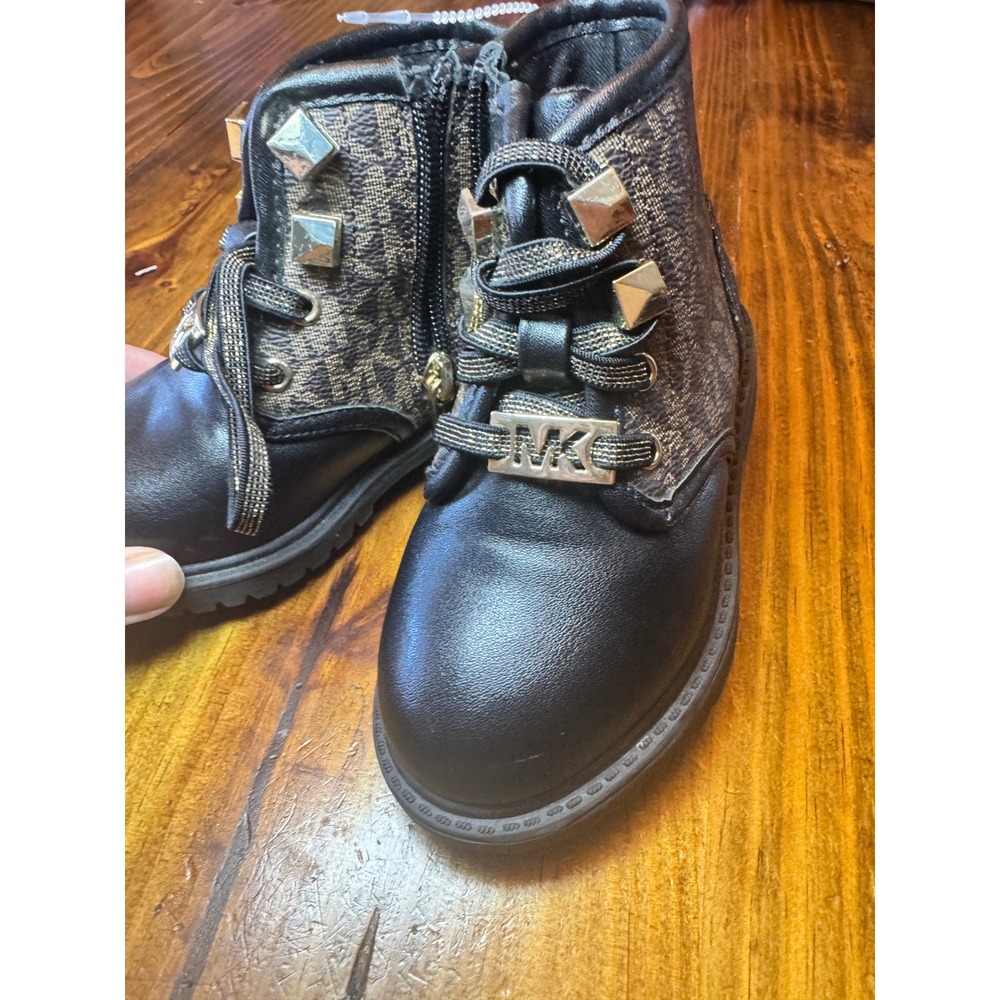 Michael Kors Haskell Toddler Girls Black MK Logo Combat Boots Size 7 Gold Studs - Picture 3 of 7